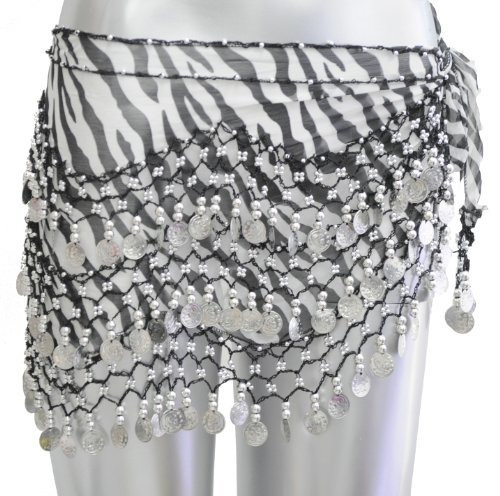 Belly Dance Dancing Animal Print Hip Scarf - Black Zebra with Silver Coins