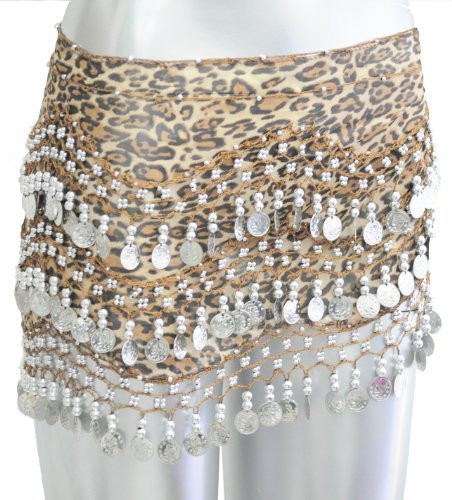 Belly Dance Dancing Animal Print Hip Scarf - Brown Leopard with Silver Coins