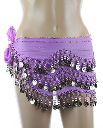 Belly Dance Hip Scarf, Belly Dancing Skirt Coin Sash Costume with Silver Coins (Lavender)