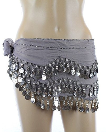 Belly Dance Hip Scarf, Belly Dancing Skirt Coin Sash Costume with Silver Coins (Silver)