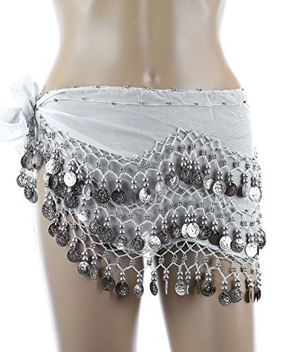 Belly Dance Hip Scarf, Belly Dancing Skirt Coin Sash Costume with Silver Coins (White)