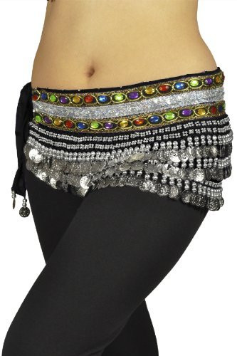 Belly Dancing "Gemstone" Deluxe Velvet Hip Scarf Skirt Wrap - Black with Silver Coins