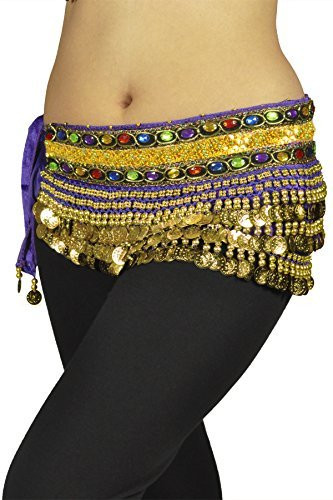 Belly Dancing "Gemstone" Deluxe Velvet Hip Scarf Skirt Wrap - Purple with Gold Coins