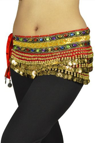 Belly Dancing "Gemstone" Deluxe Velvet Hip Scarf Skirt Wrap - Red with Gold Coins