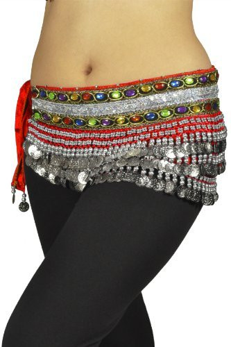Belly Dancing "Gemstone" Deluxe Velvet Hip Scarf Skirt Wrap - Red with Silver Coins