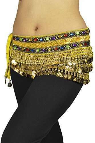Belly Dancing "Gemstone" Deluxe Velvet Hip Scarf Skirt Wrap - Yellow with Gold Coins