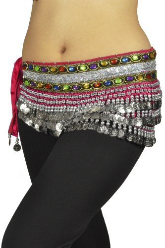 Belly Dancing "Gemstone" Velvet Hip Scarf - Hot Pink/silver