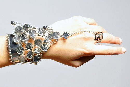 Belly Dancing 1 Pc. Fashion Trendy Exotic Wide Cuff Slave Coin Bracelet - SILVER
