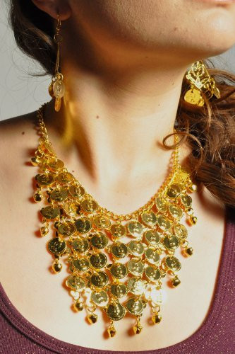 Belly Dancing Coin Necklace and Earring Set - Gold
