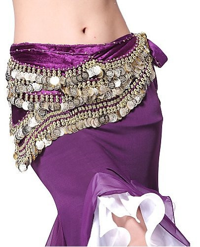 Belly Dancing Wavy Design Deluxe Velvet Hip Scarf - Purple with Gold Coins #V280
