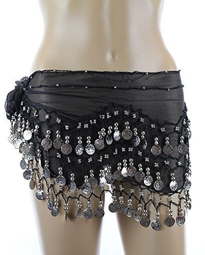 Chiffon Dangling Belly Dance Hip Scarf - Black with Silver Coins