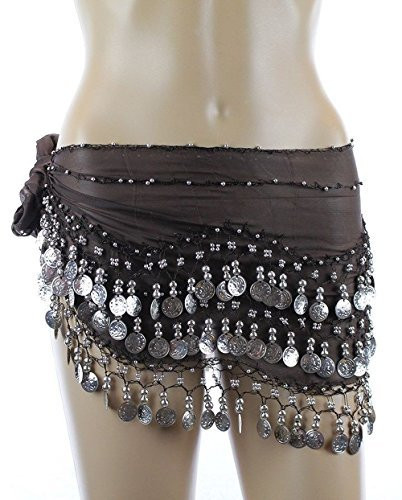 Chiffon Dangling Belly Dance Hip Scarf - Brown with Silver Coins