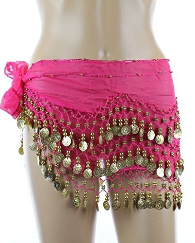Chiffon Dangling Belly Dance Hip Scarf - Fuchsia with Gold Coins