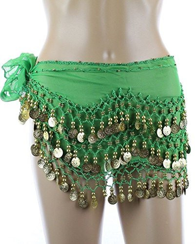 Chiffon Dangling Belly Dance Hip Scarf - Kelly Green with Gold Coins