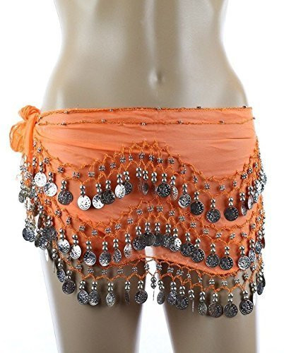 Chiffon Dangling Belly Dance Hip Scarf - Orange with Silver Coins