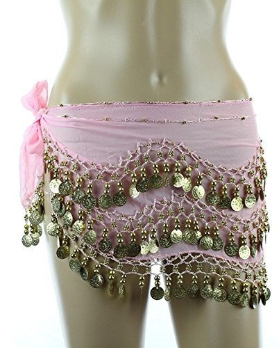 Chiffon Dangling Belly Dance Hip Scarf - Pink with Gold Coins