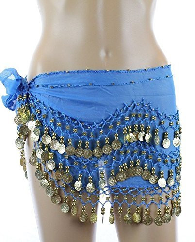 Chiffon Dangling Belly Dance Hip Scarf - Teal Blue with Gold Coins
