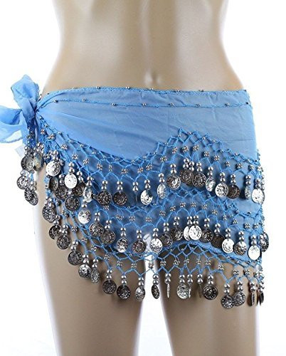 Chiffon Dangling Belly Dance Hip Scarf - Turquoise with Silver Coins