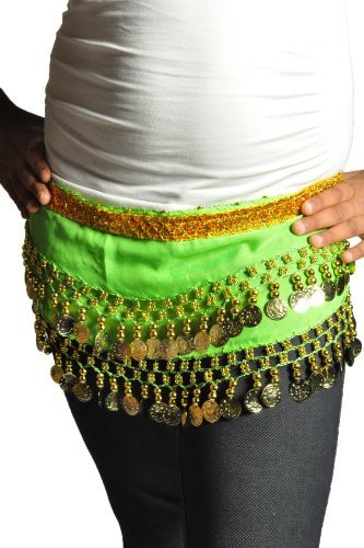 Kids Belly Dance Zumba Hip Scarf with Coins & Beads - Green/Silver
