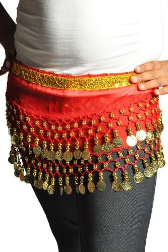 Kids Belly Dance Zumba Hip Scarf with Coins & Beads - Red/Silver