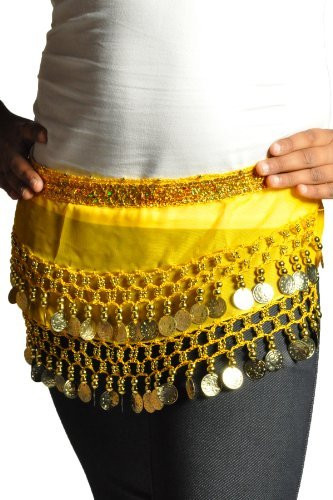 Kids Belly Dance Zumba Hip Scarf with Coins & Beads - Yellow/Gold