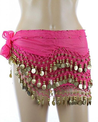 PEARL Belly Dance Hip Scarf, Hip Shakers Belly Dancing Skirt Coin Sash Costume with Gold Coins - Fuchsia