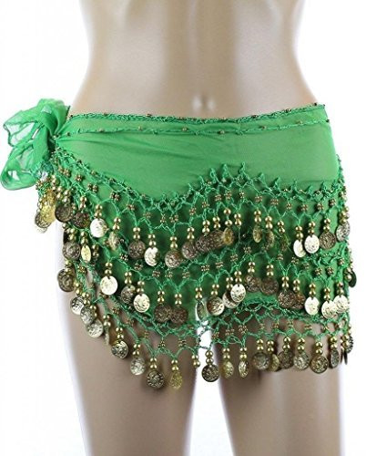 PEARL Belly Dance Hip Scarf, Hip Shakers Belly Dancing Skirt Coin Sash Costume with Gold Coins - Kelly Green