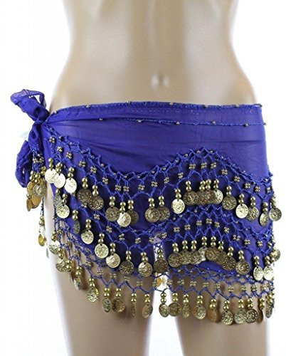 PEARL Belly Dance Hip Scarf, Hip Shakers Belly Dancing Skirt Coin Sash Costume with Gold Coins - Royal Blue