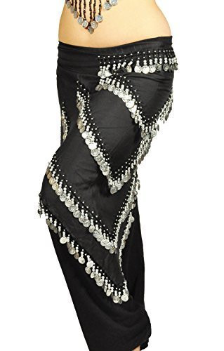 Pearl Belly Dancing 5 Line Triangle Chiffon Hip Scarf With Coins Black
