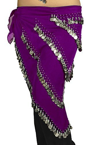 Pearl Belly Dancing 5 Line Triangle Chiffon Hip Scarf With Coins Purple