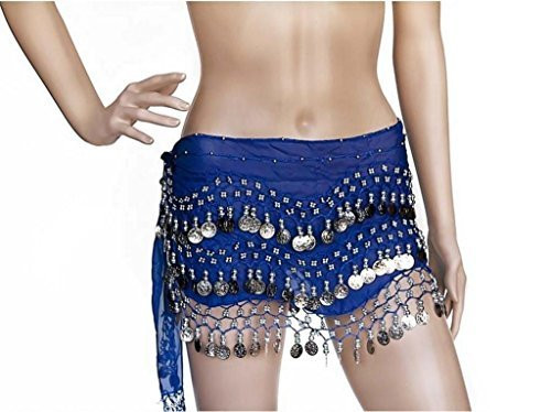 Plus Size XL Chiffon Belly Dance Hip Scarf Wrap Belt Tribal Sash Skirt Silver Coins - Royal Blue