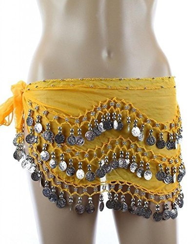 Plus Size XL Chiffon Belly Dance Hip Scarf Wrap Belt Tribal Sash Skirt Silver Coins - Yellow