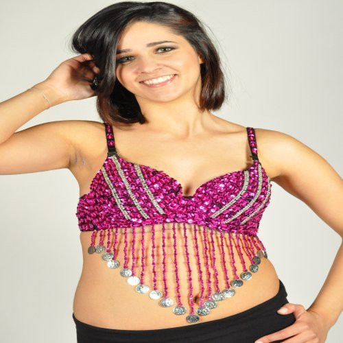 Sequin Beaded Belly Dancing Costume Top Bra w/Coins - FUCHSIA