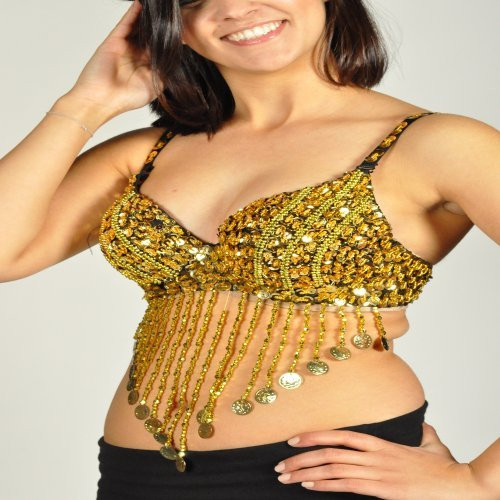 Sequin Beaded Belly Dancing Costume Top Bra w/Coins - GOLD
