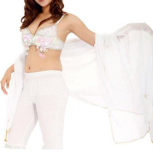 White Belly Dancing Chiffon Veil with Silver Sequence Trim