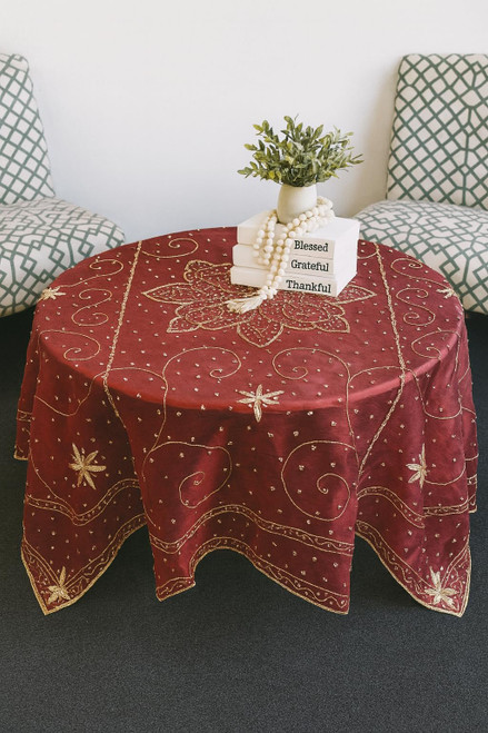 AK TRADING CO. Handmade Metallic Zari (Nakshi) Embroidered Silk Tissue Tablecloth – 60" Square | Luxury Handcrafted Decorative Table Cover for Home Décor, Weddings & Special Events - Burgundy