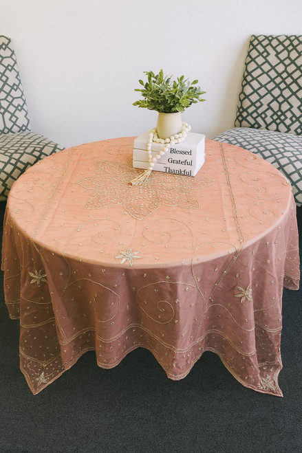 AK TRADING CO. Handmade Metallic Zari (Nakshi) Embroidered Silk Tissue Tablecloth – 60" Square | Luxury Handcrafted Decorative Table Cover for Home Décor, Weddings & Special Events - Dusty Rose