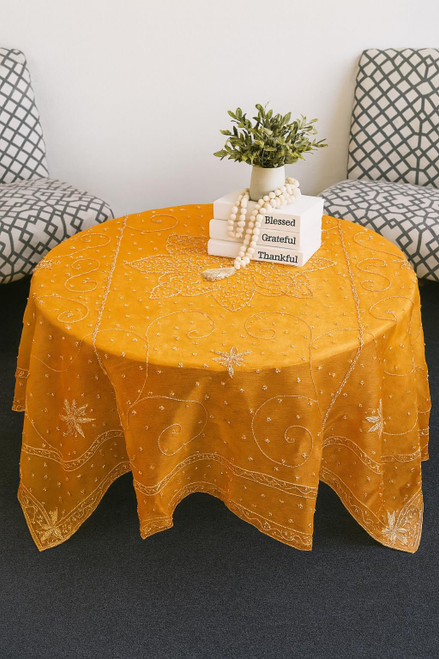 AK TRADING CO. Handmade Metallic Zari (Nakshi) Embroidered Silk Tissue Tablecloth – 60" Square | Luxury Handcrafted Decorative Table Cover for Home Décor, Weddings & Special Events - Orange
