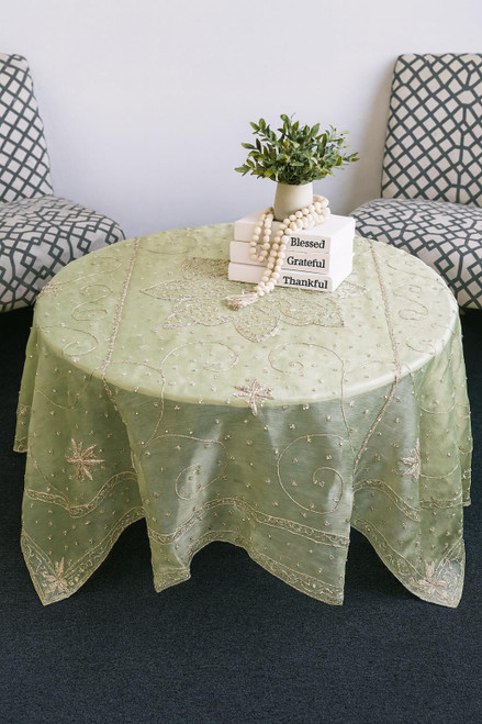 AK TRADING CO. Handmade Metallic Zari (Nakshi) Embroidered Silk Tissue Tablecloth – 60" Square | Luxury Handcrafted Decorative Table Cover for Home Décor, Weddings & Special Events - Sage Green