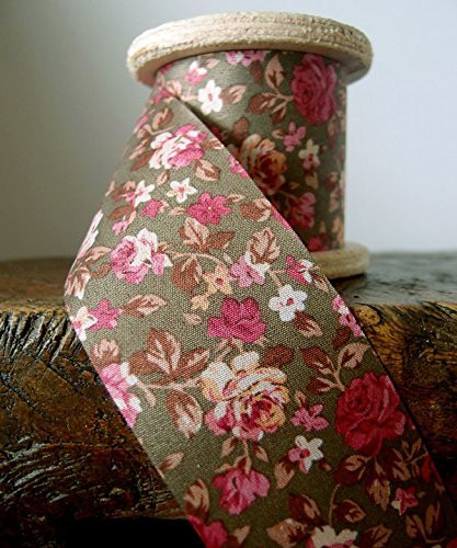2" Wide x 10 Yards Polyester Long Floral Print Ribbon - Olive