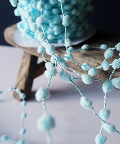 25 Yards Fuzzy Pom Pom Wired Trim Ribbon Lace - Aqua