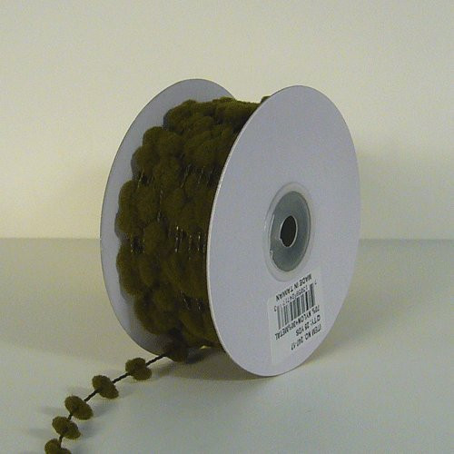 25 Yards Fuzzy Pom Pom Wired Trim Ribbon Lace - Moss Green