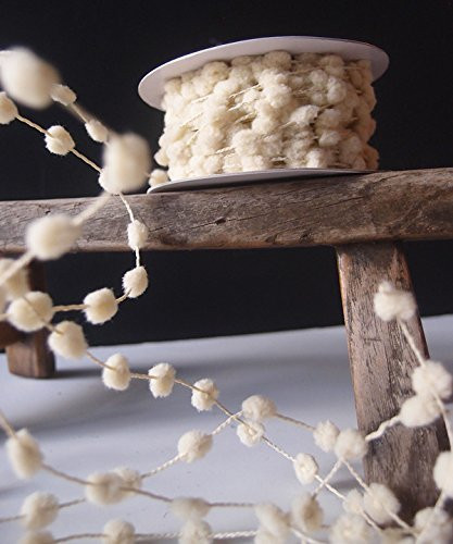 25 Yards Mini Wired Fuzzy Pom Pom Trim Ribbon Lace - Ivory