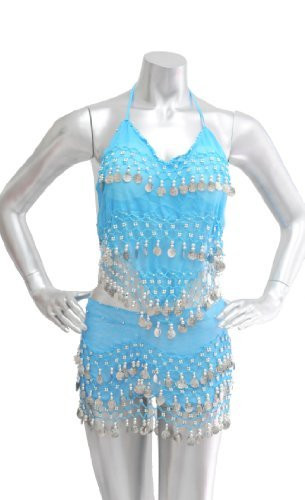2-piece Belly Dancing Coin Hip Scarf and Top Set - Turquoise w/Silver Coins