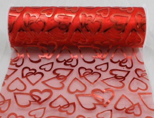 6" wide x 10 Yards Hearts Pattern Organza Sheer Fabric Ribbon for Decorating, Floral Designing and Crafts (Red)
