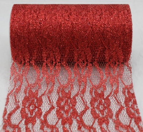 6" wide x 10 Yards Sparkle Floral Pattern Lace Fabric for Decorating, Floral Designing and Crafts (Red)
