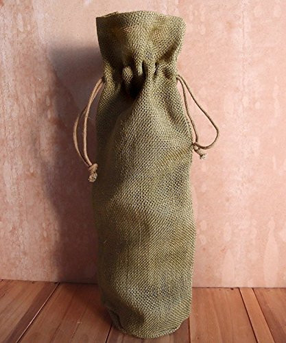 AK-Trading - Pack of 5 - Single Bottle Jute Burlap Wine Bags with Drawstring closure Natural color size 6"W x 15"H x 3.5" Gusset Bottle Wine Carry Bag Eco-friendly Reusable Bag (Olive Green)
