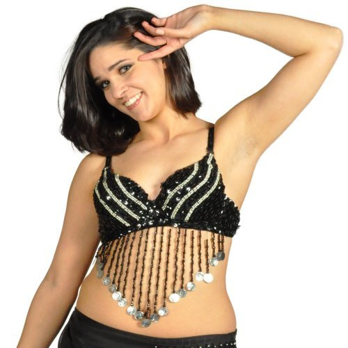 AK-Trading Belly Dancing Fashion Sexy Sequin Beaded Bra with Coin Fringe (Black)