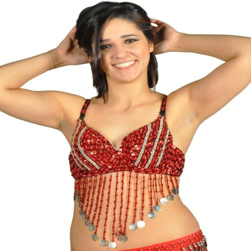 AK-Trading Belly Dancing Fashion Sexy Sequin Beaded Bra with Coin Fringe (Red)