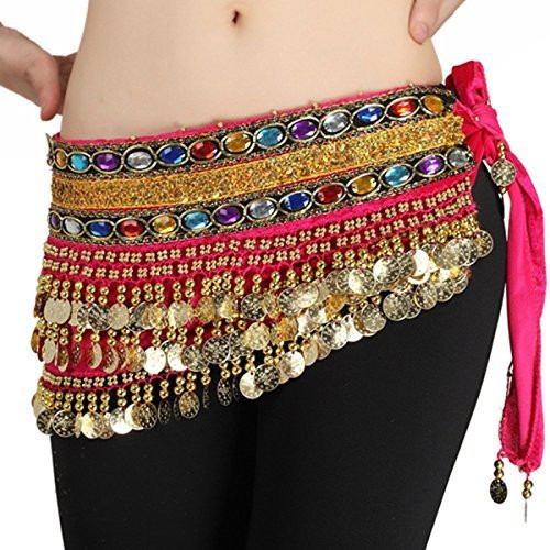 AK-Trading Belly Dancing Velvet Hip Scarf With Gemstones And Gold Coins (Fuchsia)